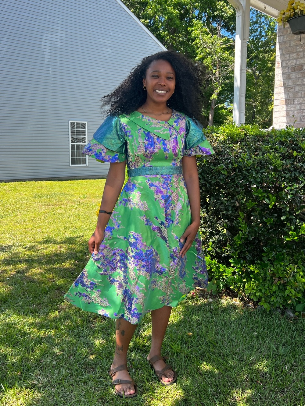 Green Floral Fit-and-Flare Damask Brocade  Dress